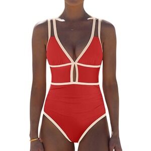 Popvil Women One Pc Swimsuit Tummy Control Cutout Neon Color Block Brick Red Med